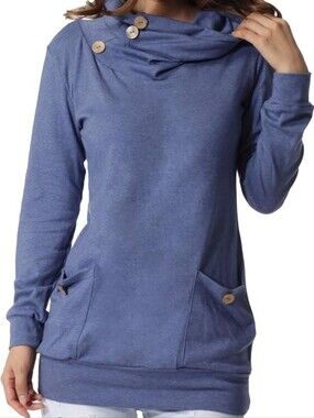 Levaca Cowl Neck Button Tunic Sweatshirt Pullover Top Blue Medium